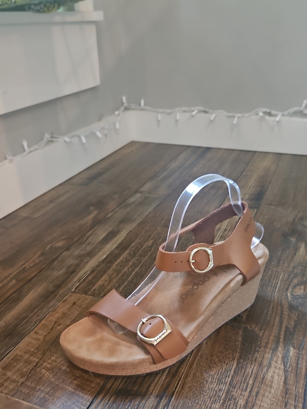 Birkenstock Papillio Brown Leather Cork Wedge Sandals with Gold Buckles - Picture 5 of 9